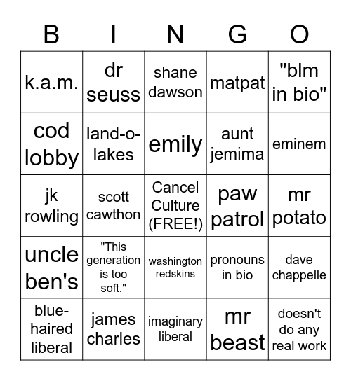 conservative "cancel culture" talking points Bingo Card