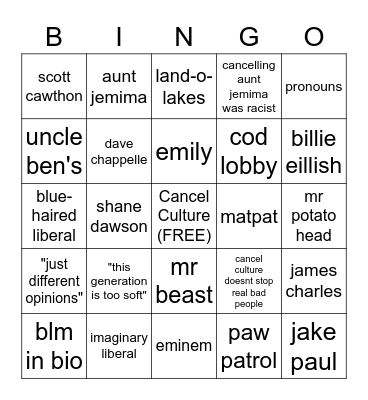 conservative "cancel culture" talking points v.1 Bingo Card