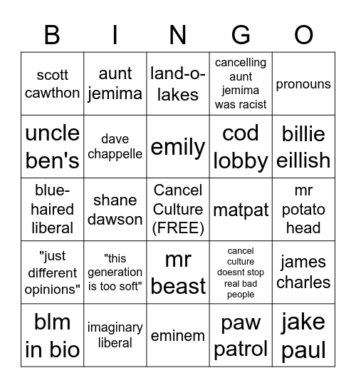 conservative "cancel culture" talking points v.1 Bingo Card