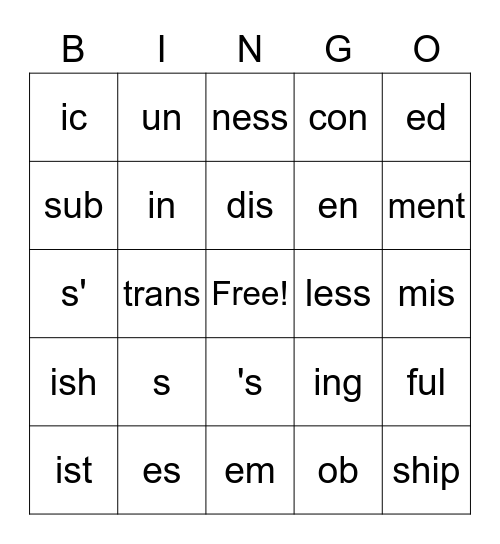 Suffixes and Prefixes Bingo Card