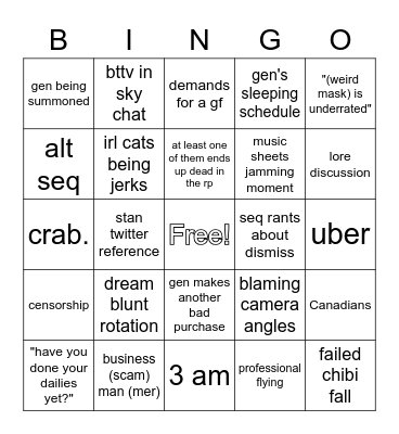 the sky skid! sequoia and generic bingo Card