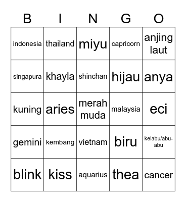 BINGO W/ KWANGYA Bingo Card