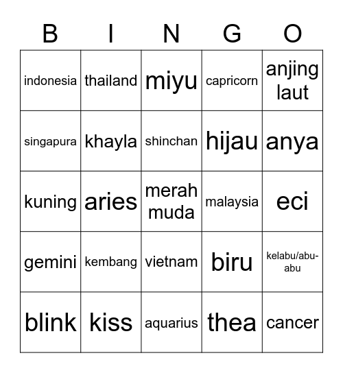 BINGO W/ KWANGYA Bingo Card