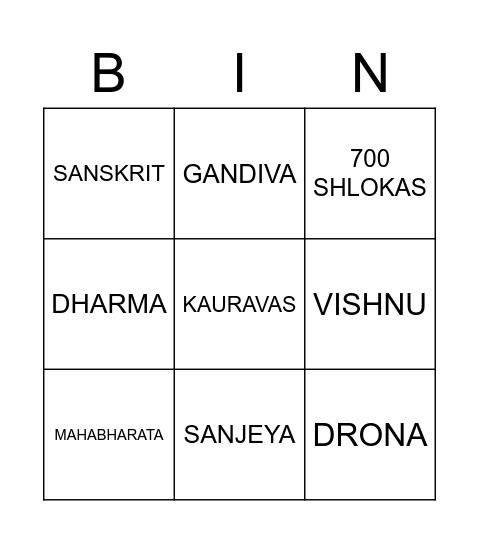 Bhagavad Gita Bingo Card