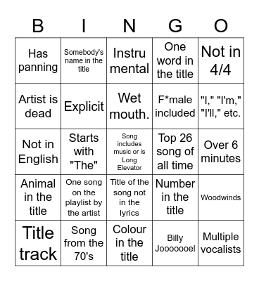 Wack Playlist shuffle bingo Card