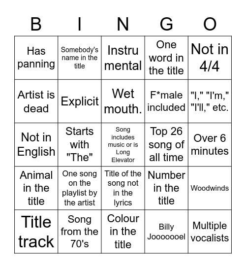 Wack Playlist shuffle bingo Card