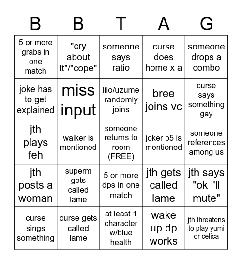 cross tag friendlies Bingo Card