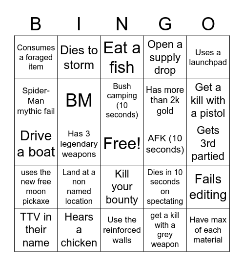 Fortnite Bingo Card