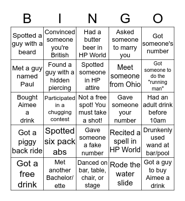 Aimee's Bachelorette Weekend Bingo Card