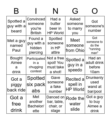 Aimee's Bachelorette Weekend Bingo Card