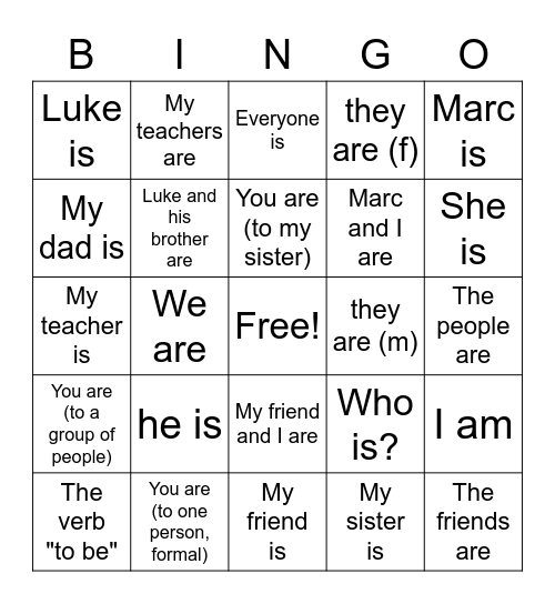 être bingo! Bingo Card