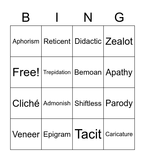 Honors Humanities Vocabulary 16 Bingo Card