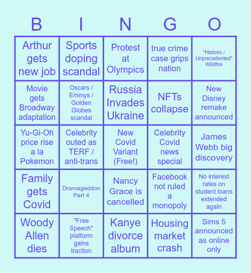 Kymber's 2022 Bingo Card