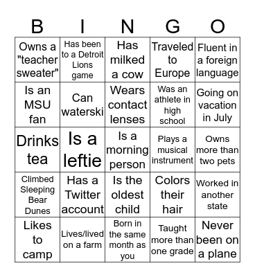 Teacher Bingo Card