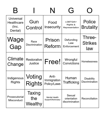 Social Justice Bingo Card