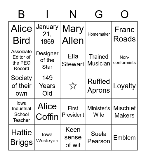 P.E.O. FOUNDERS BINGO Card