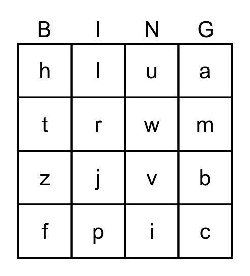 Lowercase Alphabet Bingo Card