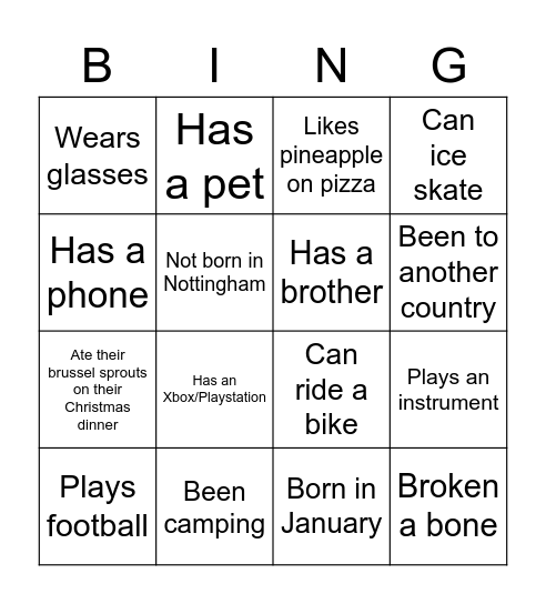 Get to know me bingo Card