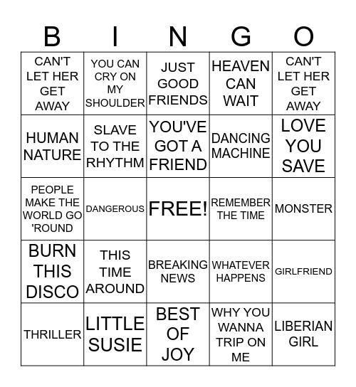 MICHAEL JACKSON EXPERIENCE Bingo Card