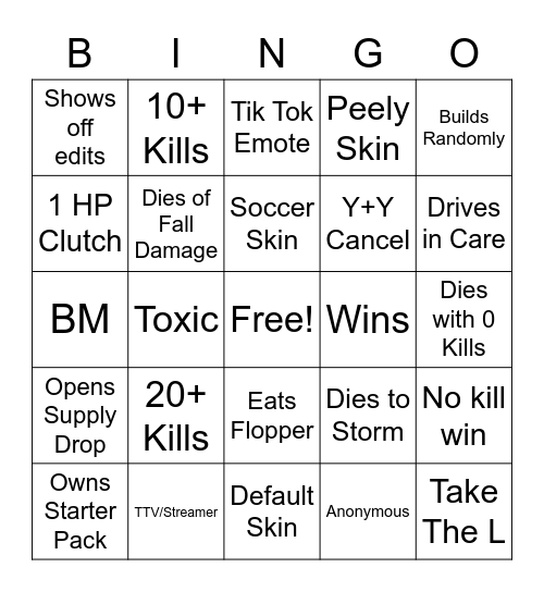 Fortnite Bingo Card