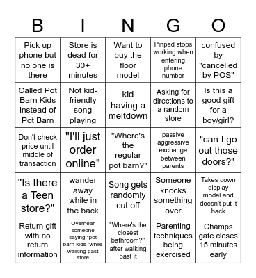 Pot Barn Kids Bingo Card