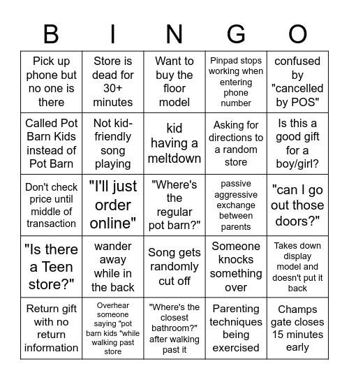 Pot Barn Kids Bingo Card