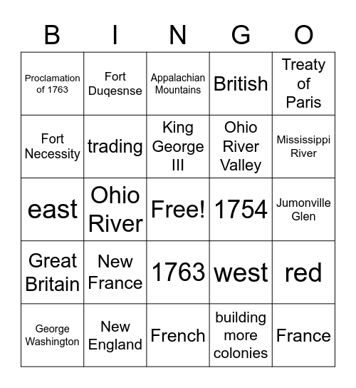The French and Indian War Bingo Card