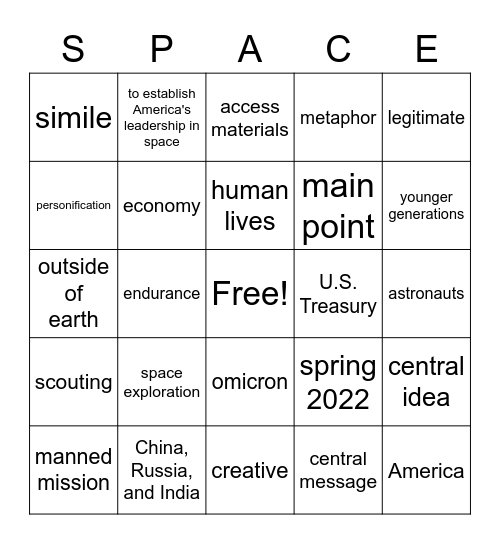 Space Exploration Bingo Card