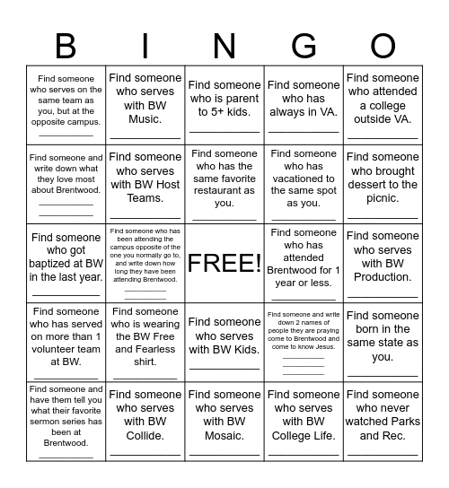 One for All BINGO Card