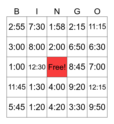 Telling Time Bingo Card