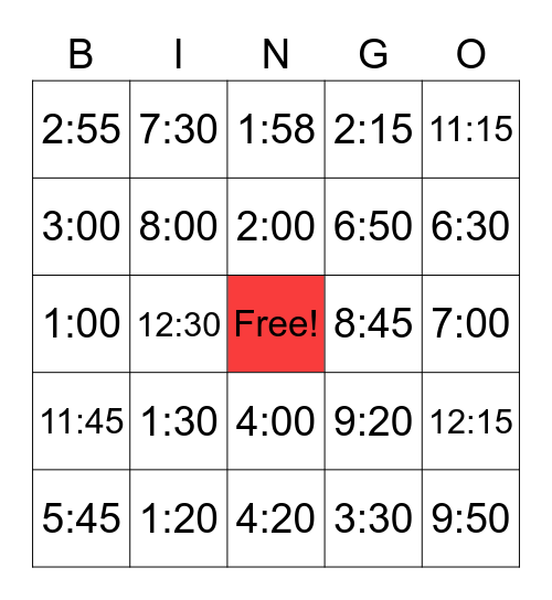 Telling Time Bingo Card