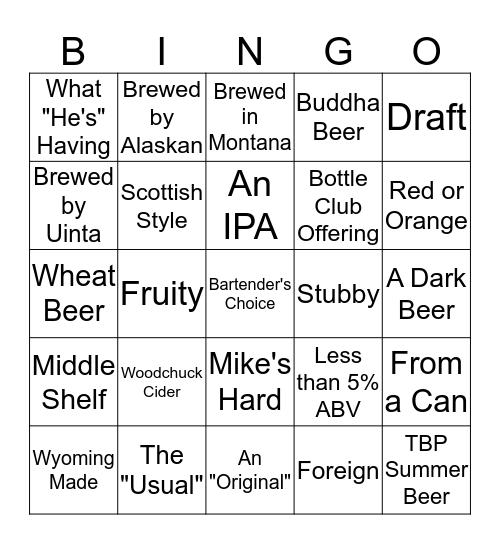 Beer Bingo Card