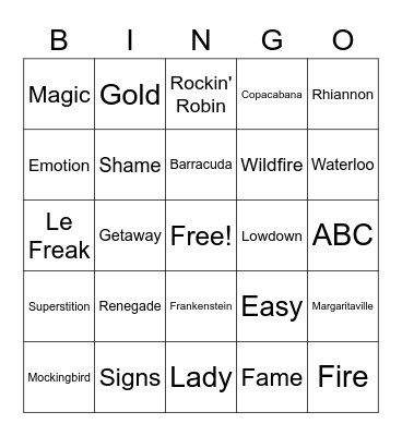 1970's Hits Bingo Card
