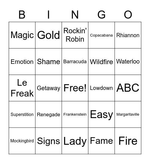 1970's Hits Bingo Card