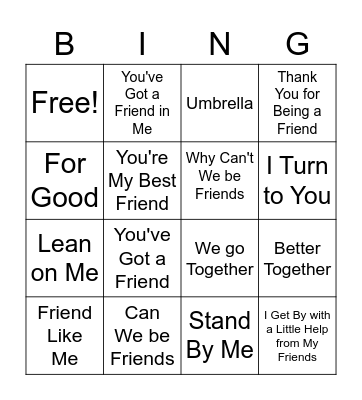 Friendship Songs BINGO Card