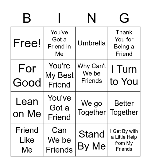 Friendship Songs BINGO Card