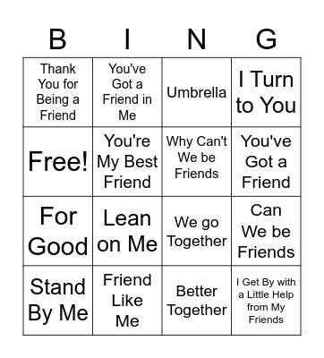 Friendship Songs BINGO Card