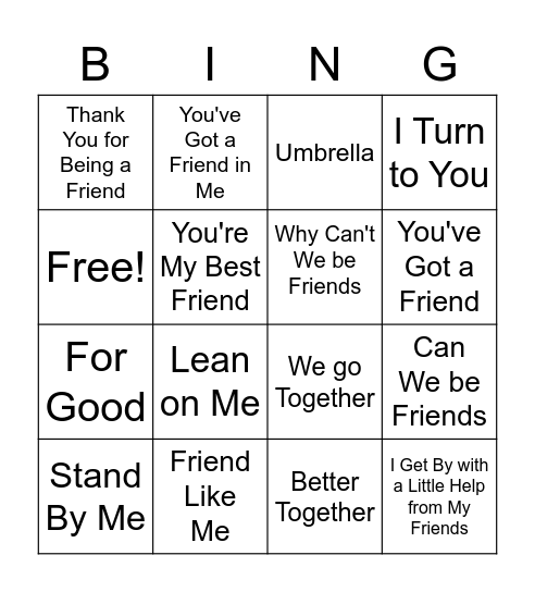 Friendship Songs BINGO Card