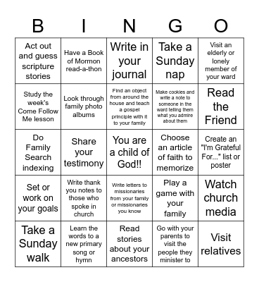Sabbath Day Bingo Card