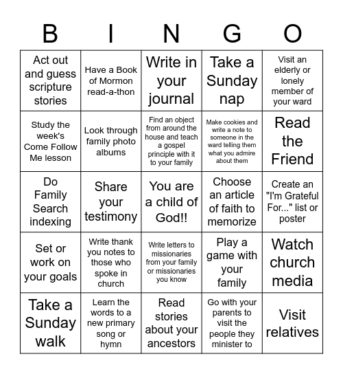 Sabbath Day Bingo Card