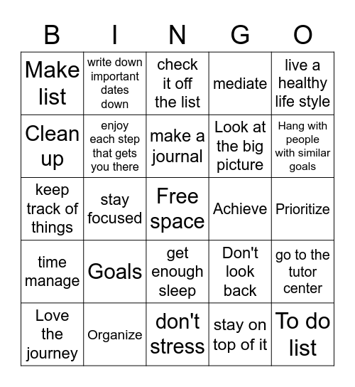 Goals/Organization Bingo Card