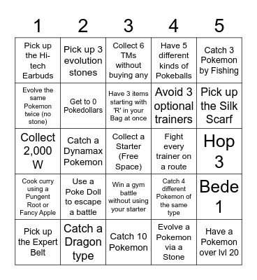 Sword and Shield Lockout Bingo Card