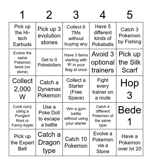 Sword and Shield Lockout Bingo Card