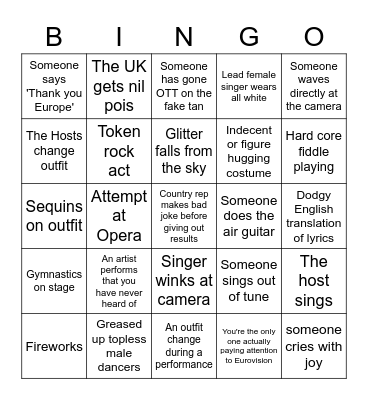 Eurovision Bingo Card