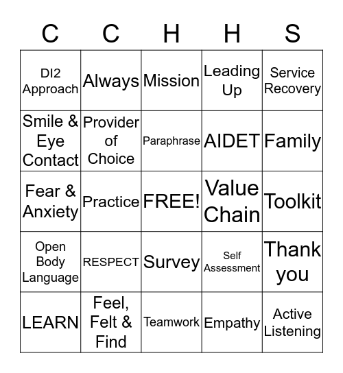 The Patient Experience Improvement Initiative Bingo Card