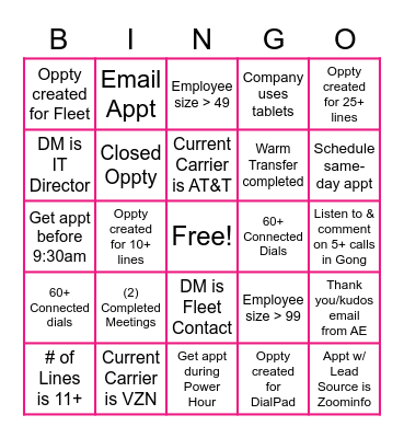 SMB Sales Dev Bingo Card