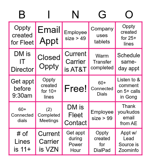 SMB Sales Dev Bingo Card