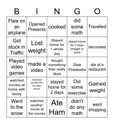 During Winter Break Bingo Card