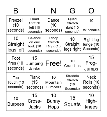 Hennessey Exercise Bingo 2021 Bingo Card