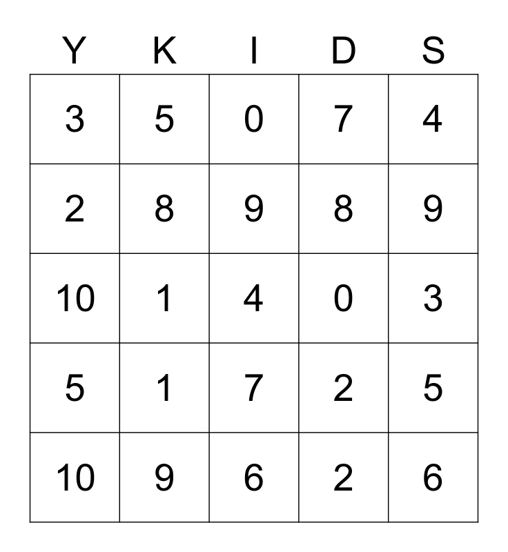 Kindergarten Math Bingo Card
